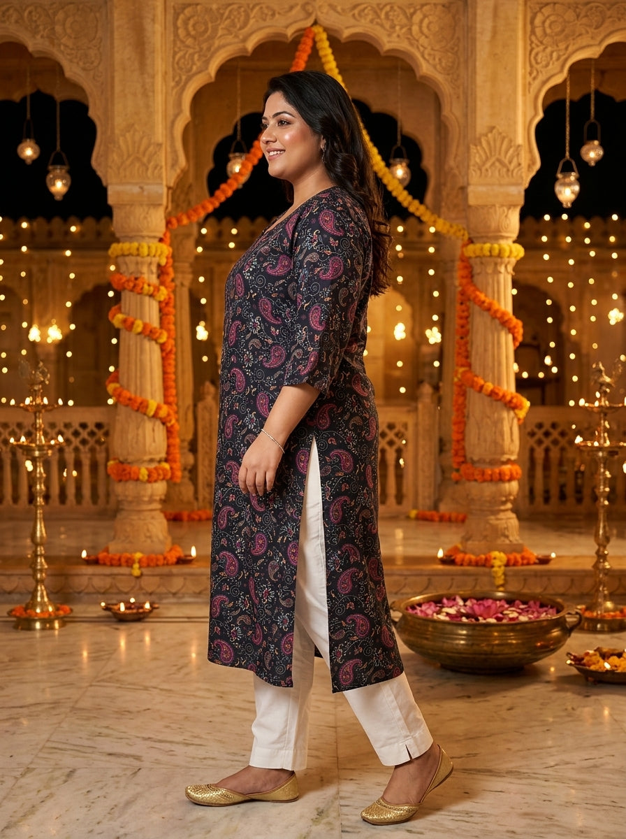 Plus Size Poly Crepe Floral Print Straight Kurta Black-100136