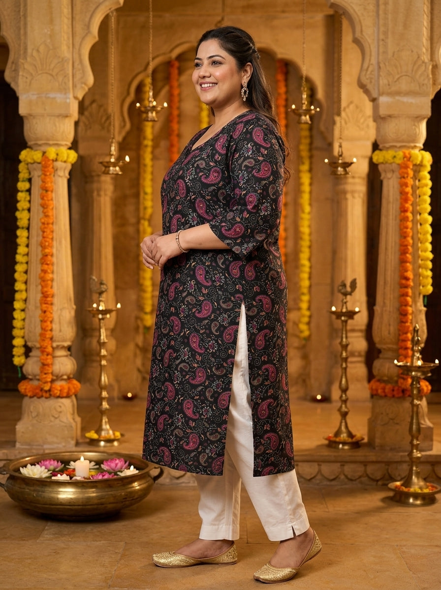 Plus Size Poly Crepe Floral Print Straight Kurta Black-100136