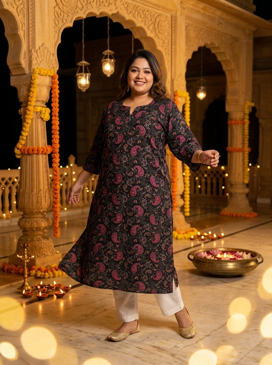 Plus Size Poly Crepe Floral Print Straight Kurta Black-100136