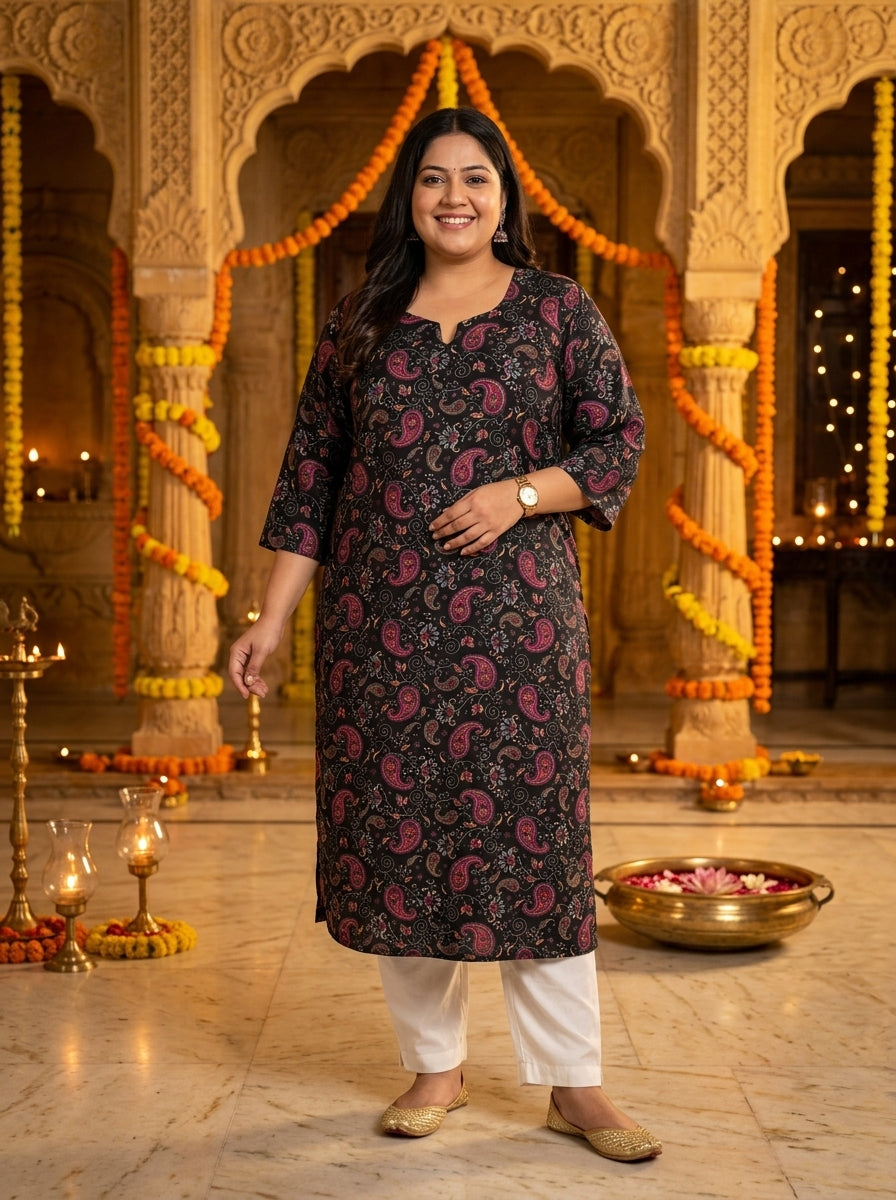 Plus Size Poly Crepe Floral Print Straight Kurta Black-100136