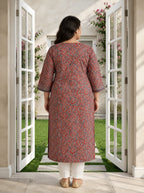 Plus Size Maroon Cotton Floral Print Straight Kurta-100139