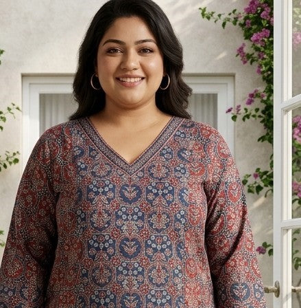 Plus Size Maroon Cotton Floral Print Straight Kurta-100139