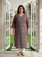 Plus Size Maroon Cotton Floral Print Straight Kurta-100139