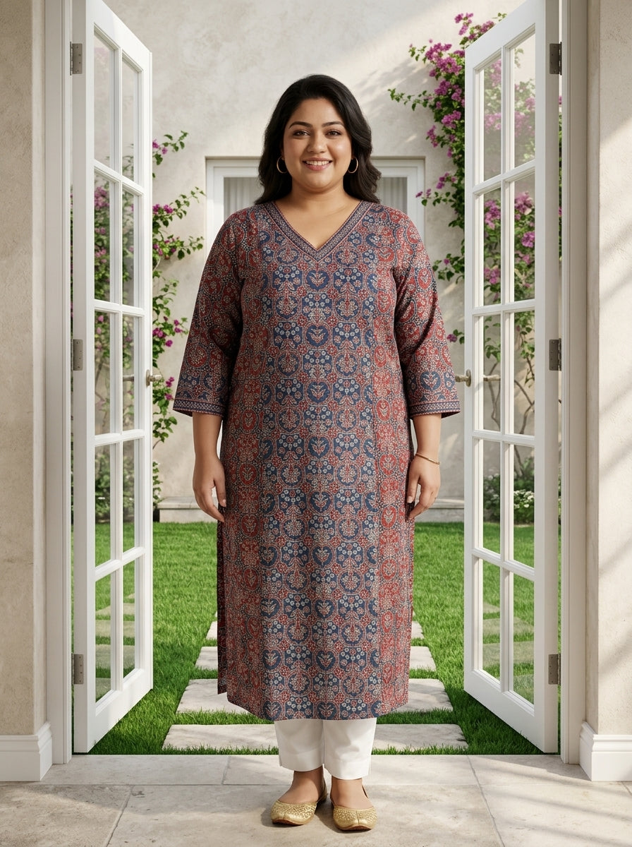 Plus Size Maroon Cotton Floral Print Straight Kurta-100139