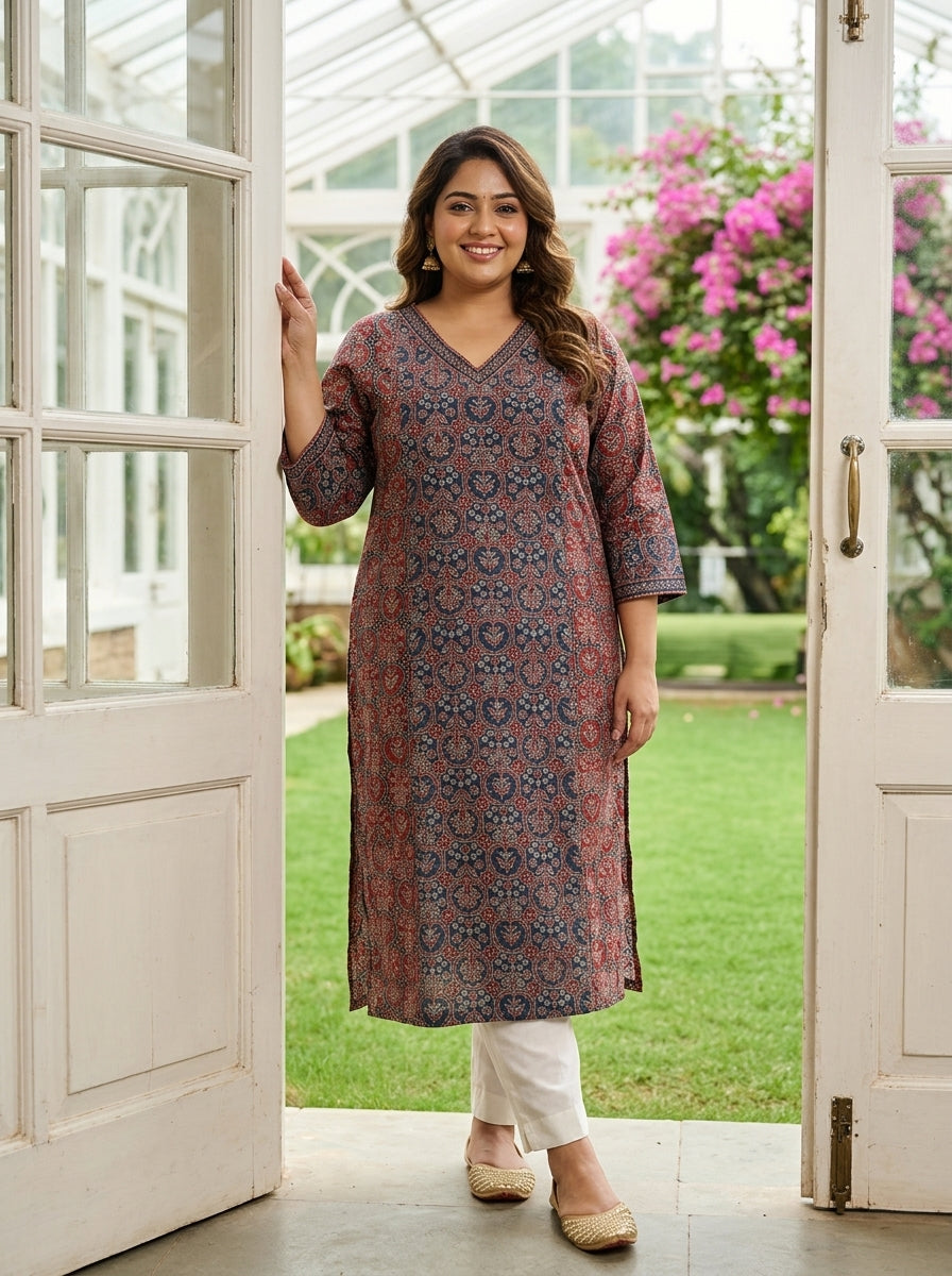 Plus Size Maroon Cotton Floral Print Straight Kurta-100139 Main image