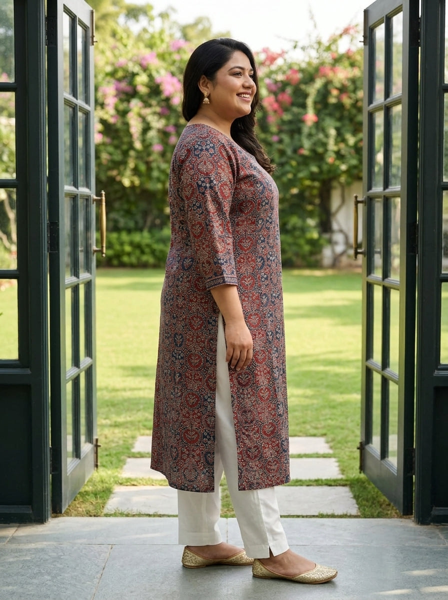 Plus Size Maroon Cotton Floral Print Straight Kurta-100139