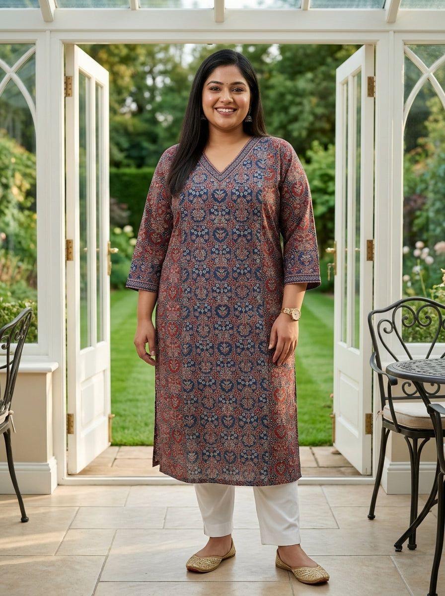 Plus Size Maroon Cotton Floral Print Straight Kurta-100139 Secondary image