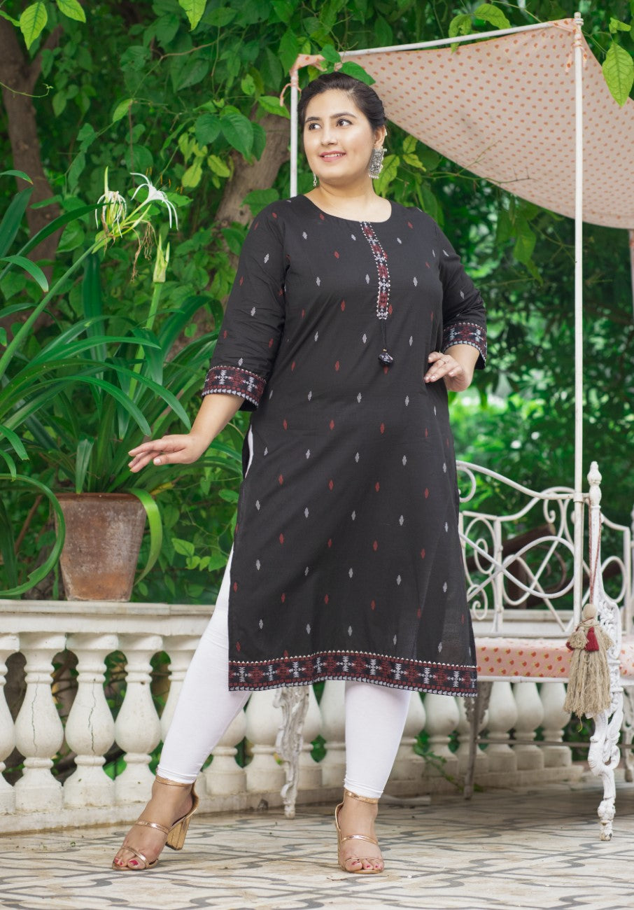 Plus Size Black Cotton Ikat Print Straight Kurta-159
