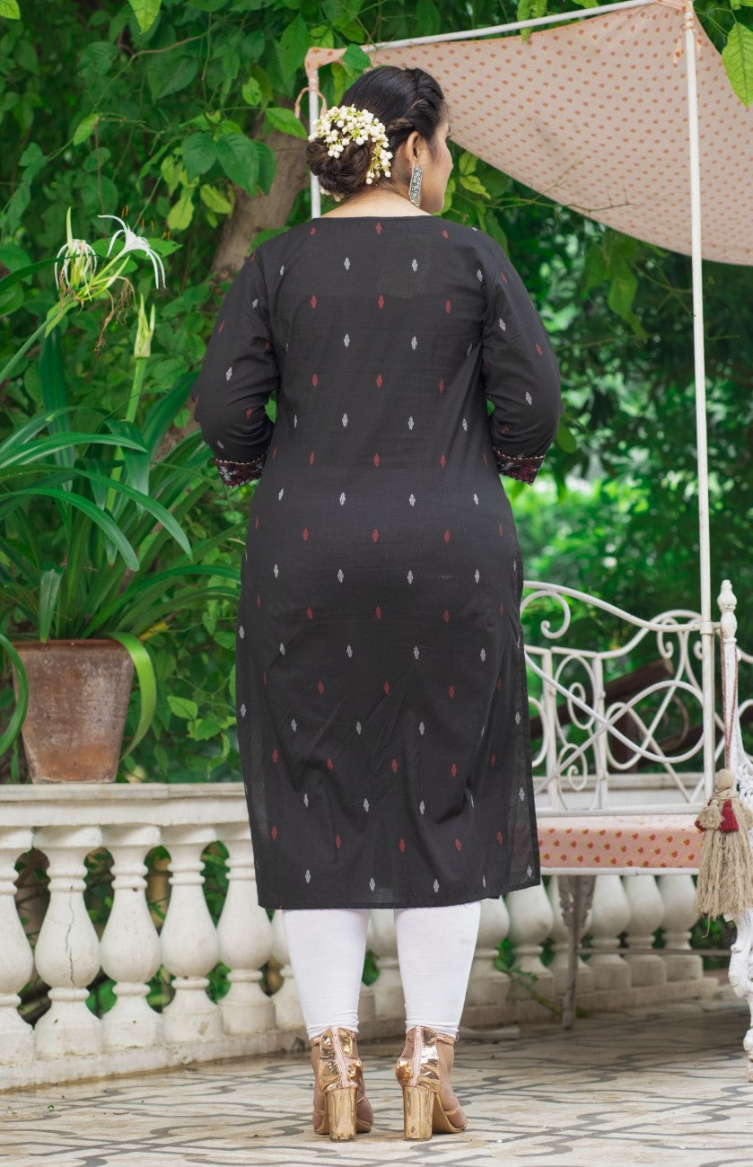Plus Size Black Cotton Ikat Print Straight Kurta-159