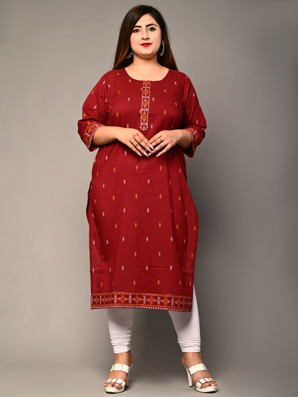 Plus Size Maroon Cotton Ikat Print Straight Kurta-159 Secondary image