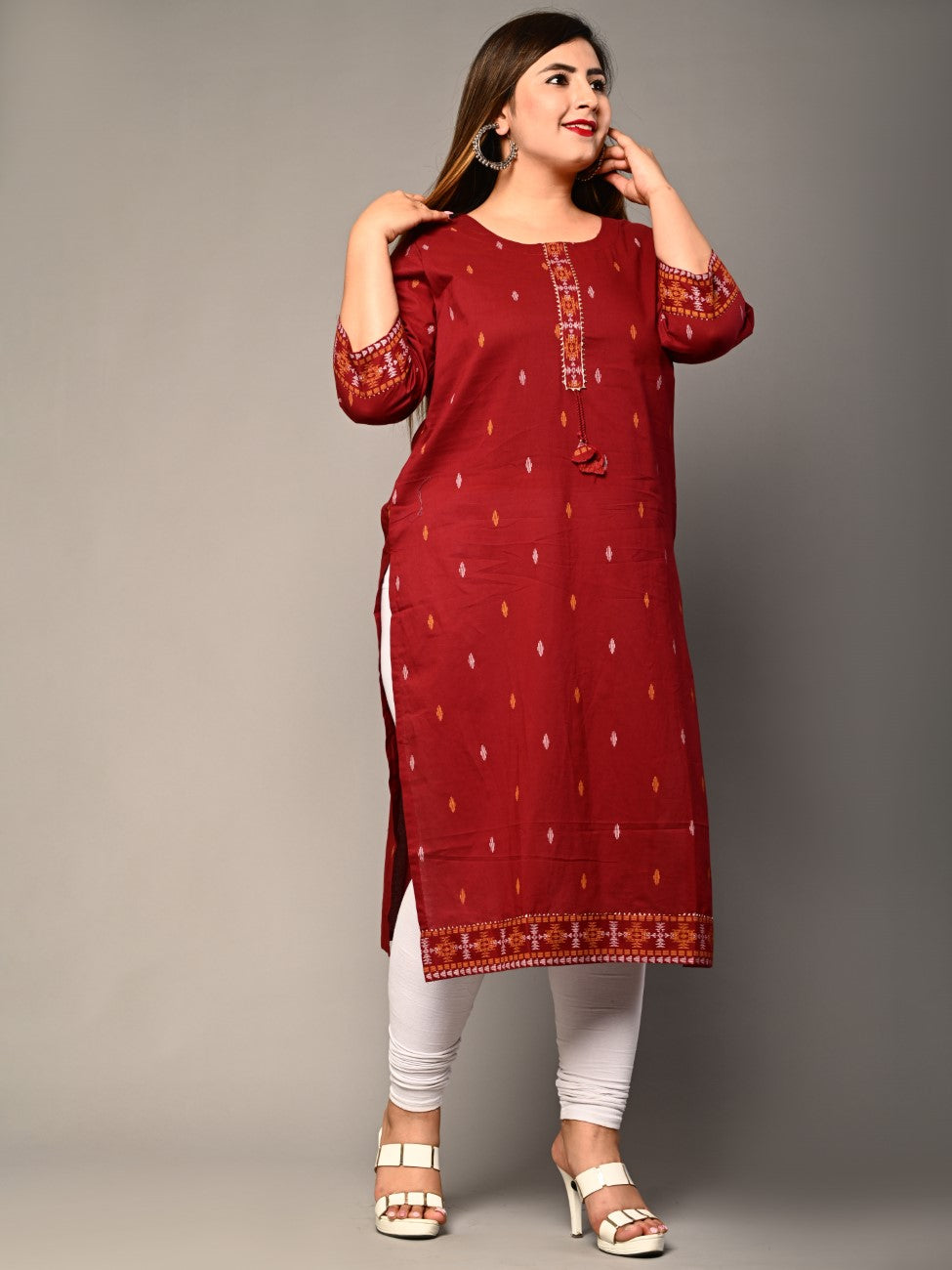 Plus Size Maroon Cotton Ikat Print Straight Kurta-159