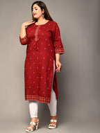 Plus Size Maroon Cotton Ikat Print Straight Kurta-159