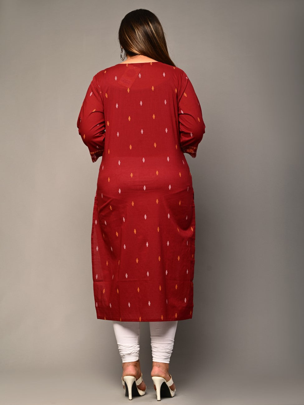 Plus Size Maroon Cotton Ikat Print Straight Kurta-159