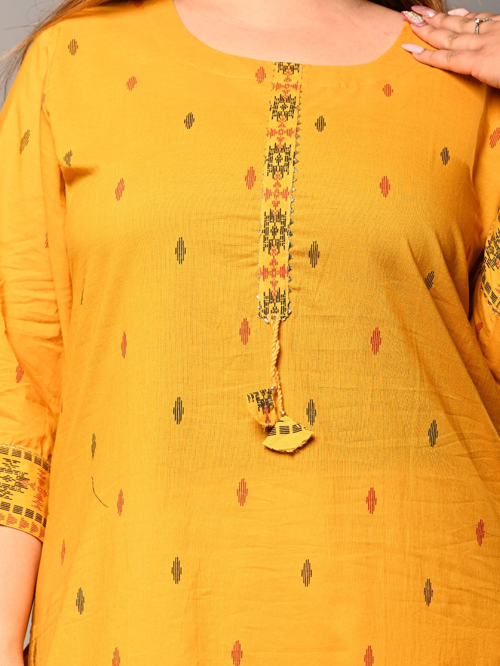 Plus Size Yellow Cotton Ikat Print Straight Kurta-159
