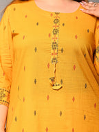 Plus Size Yellow Cotton Ikat Print Straight Kurta-159