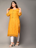 Plus Size Yellow Cotton Ikat Print Straight Kurta-159