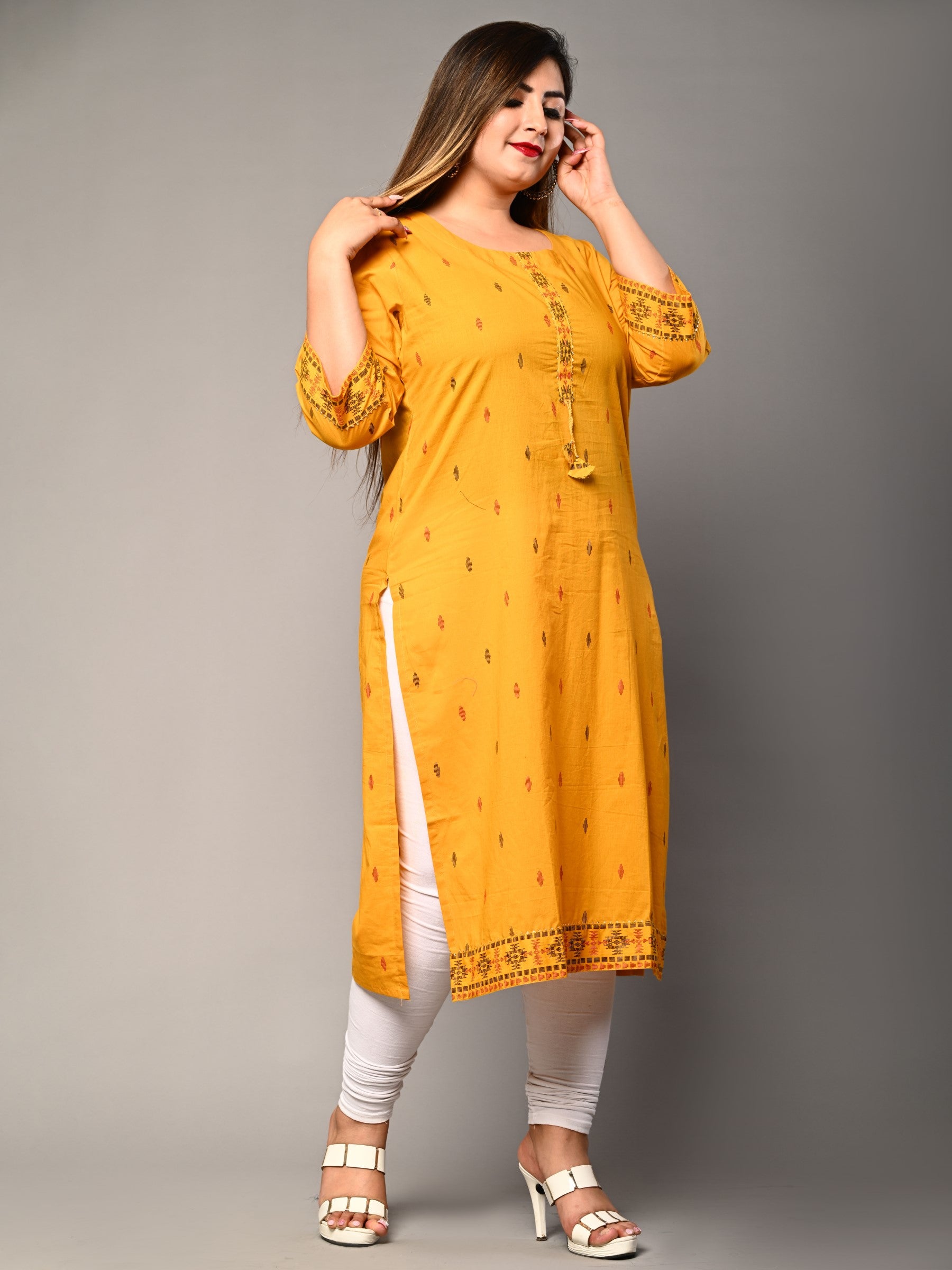 Plus Size Yellow Cotton Ikat Print Straight Kurta-159