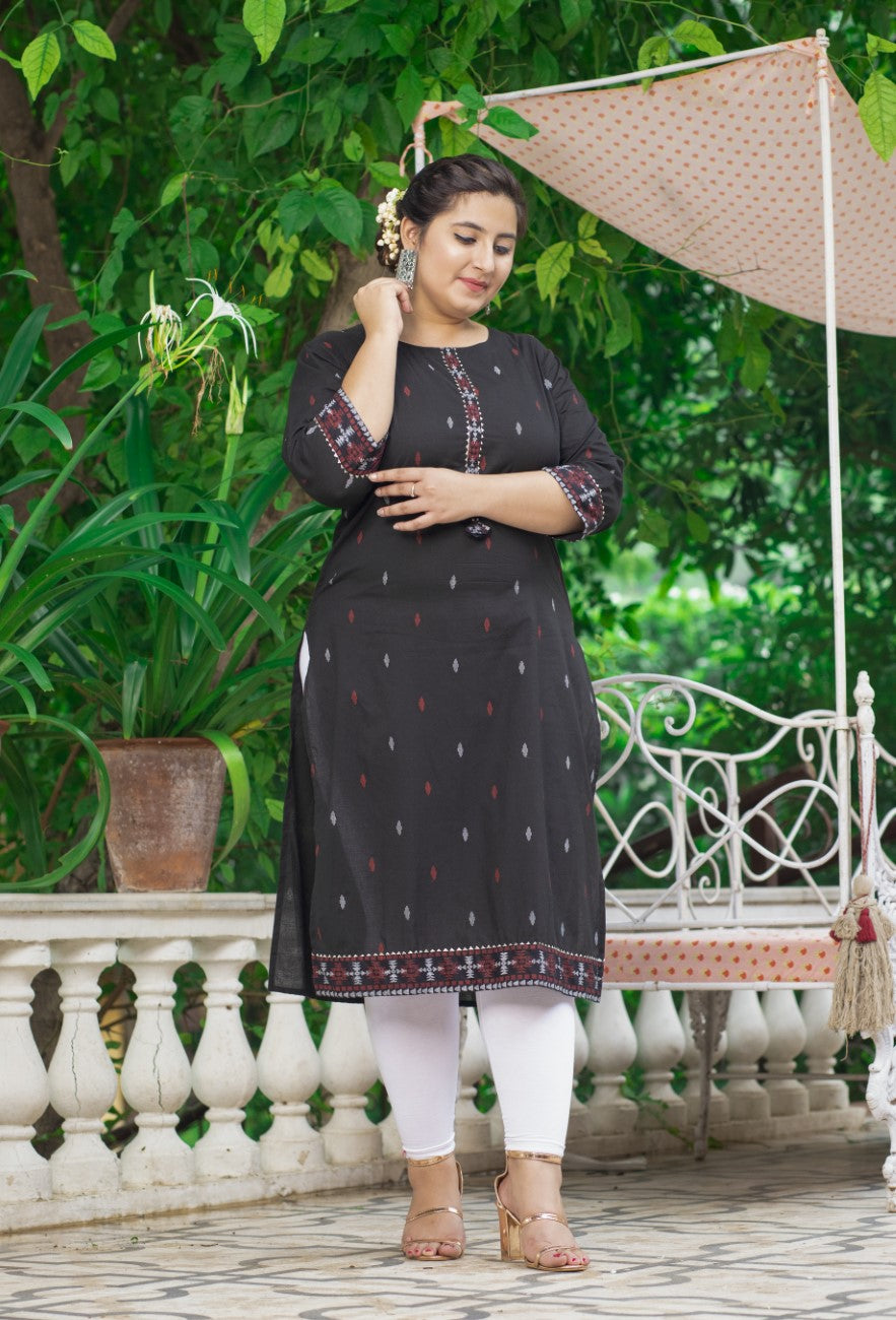 Plus Size Black Cotton Ikat Print Straight Kurta-159 Main image