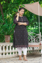 Plus Size Black Cotton Ikat Print Straight Kurta-159