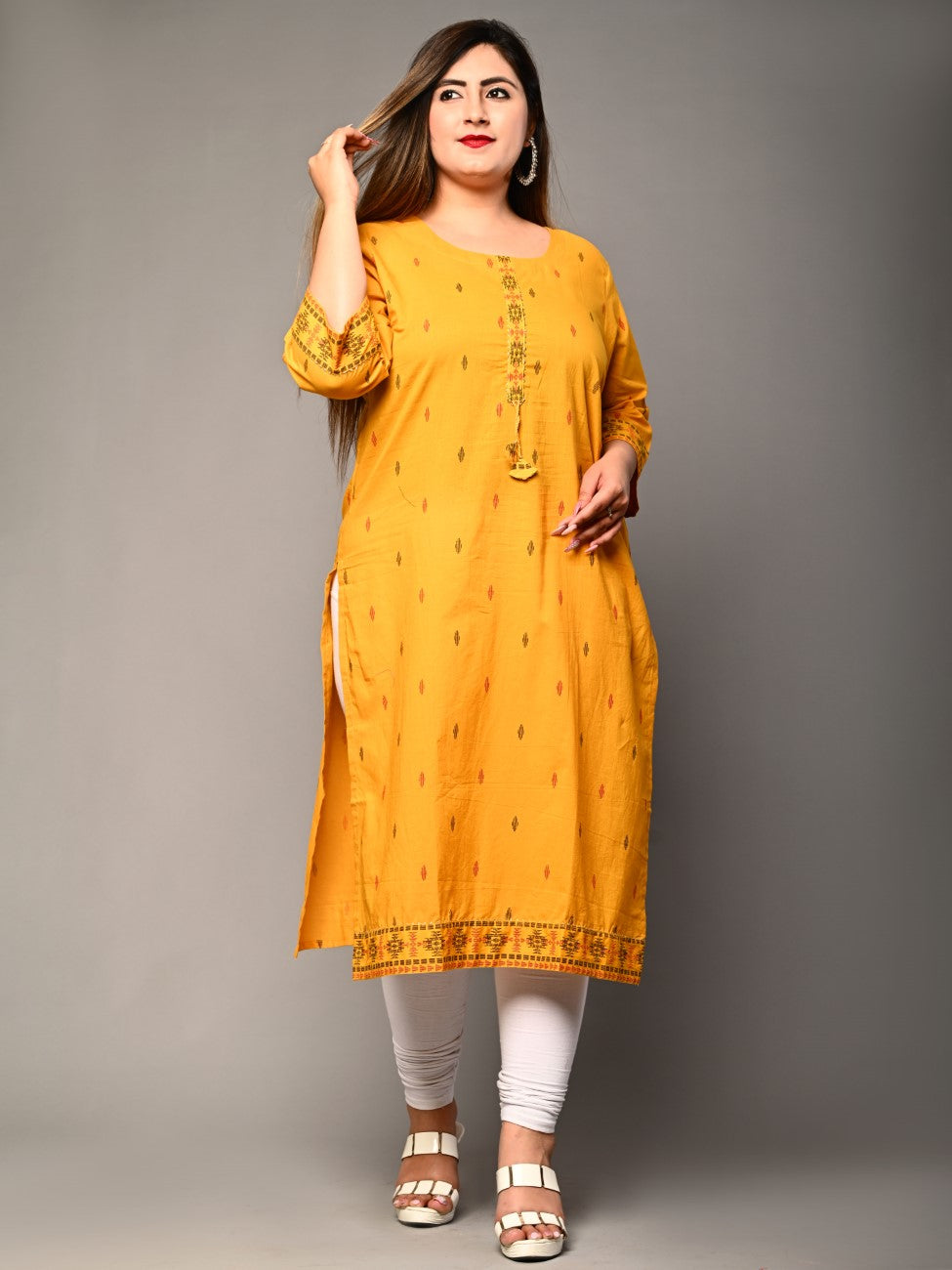 Plus Size Yellow Cotton Ikat Print Straight Kurta-159 Main image