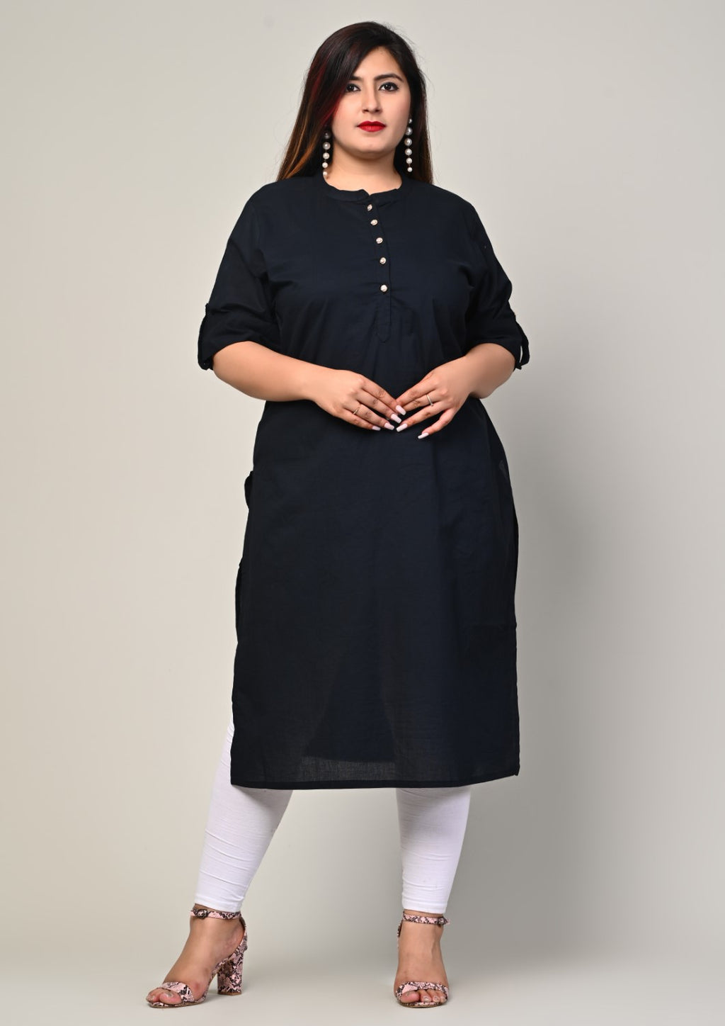 Plus Size Black Cotton Blend Straight Kurta-234