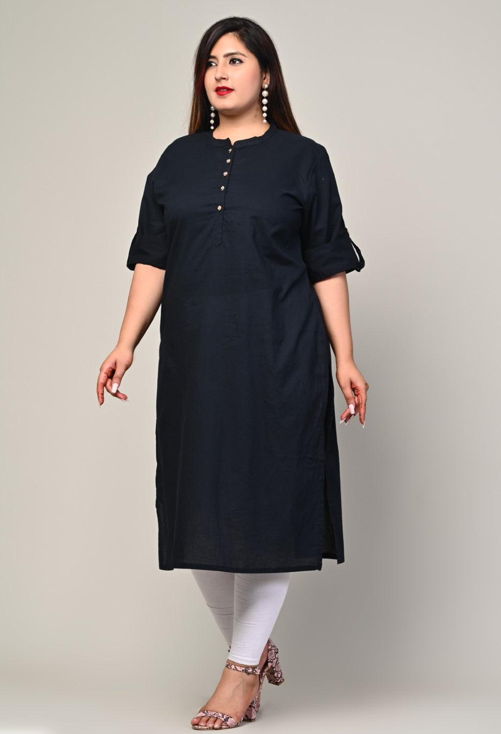 Plus Size Black Cotton Blend Straight Kurta-234