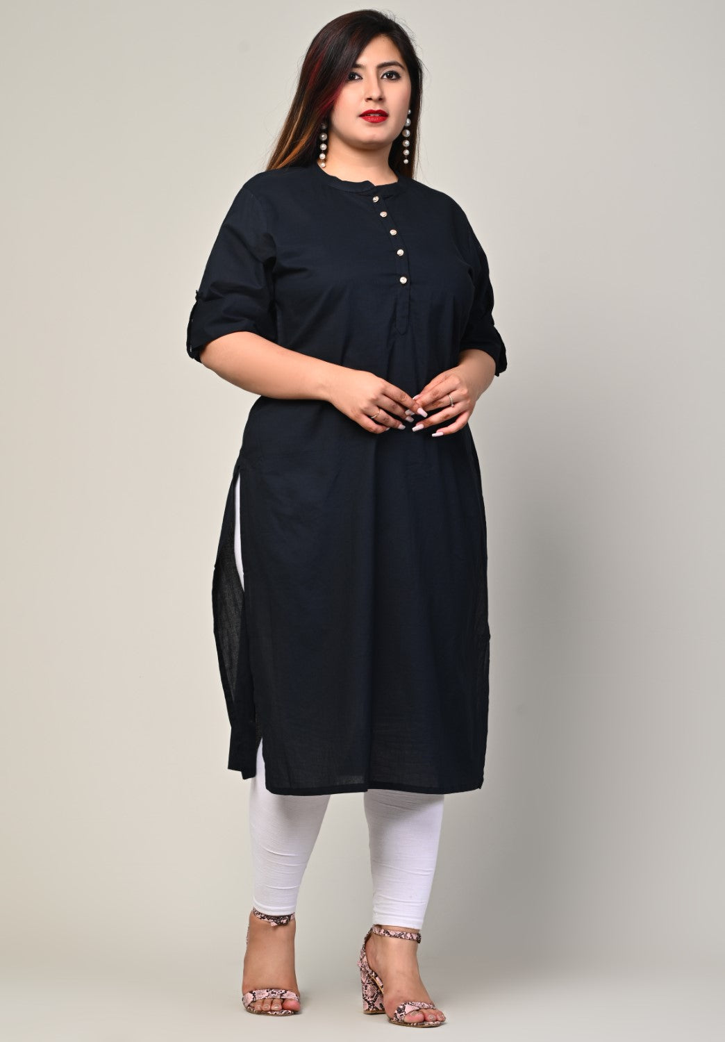 Plus Size Black Cotton Blend Straight Kurta-234