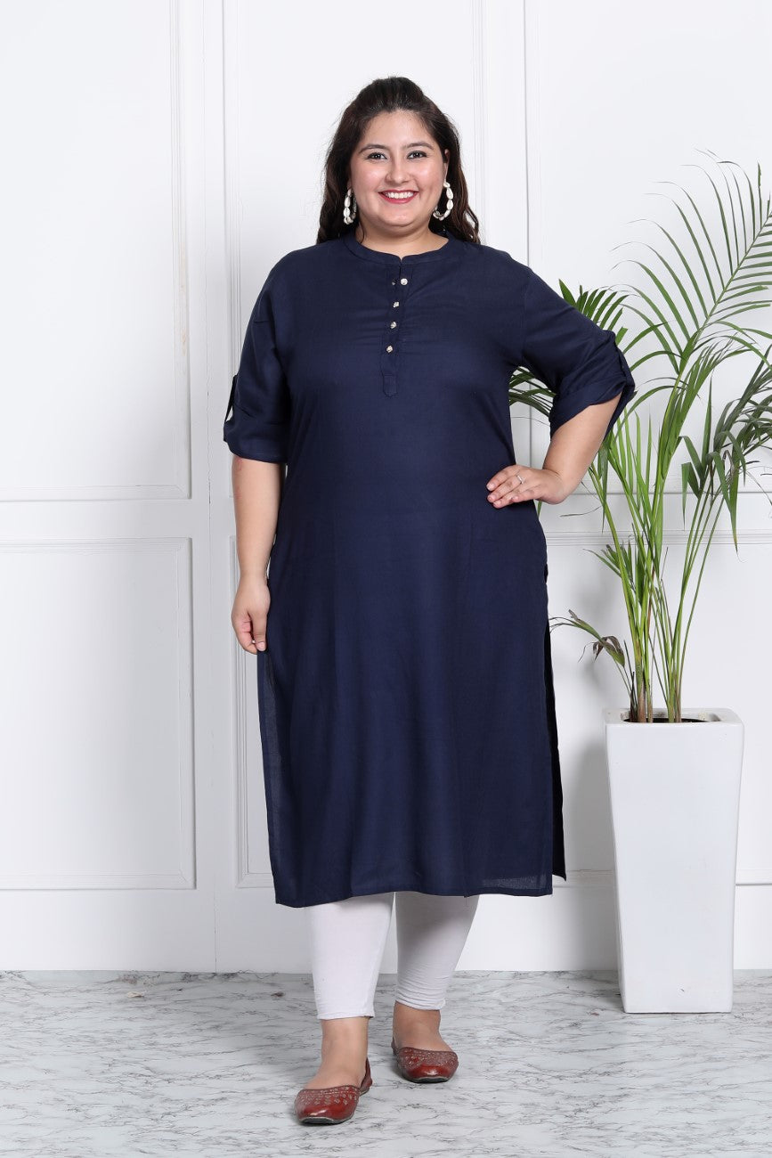 Plus Size Blue Cotton Blend Straight Kurta-621 Secondary image