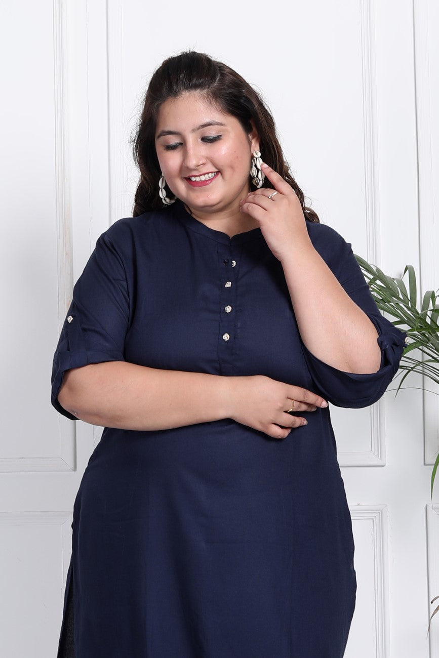 Plus Size Blue Cotton Blend Straight Kurta-621