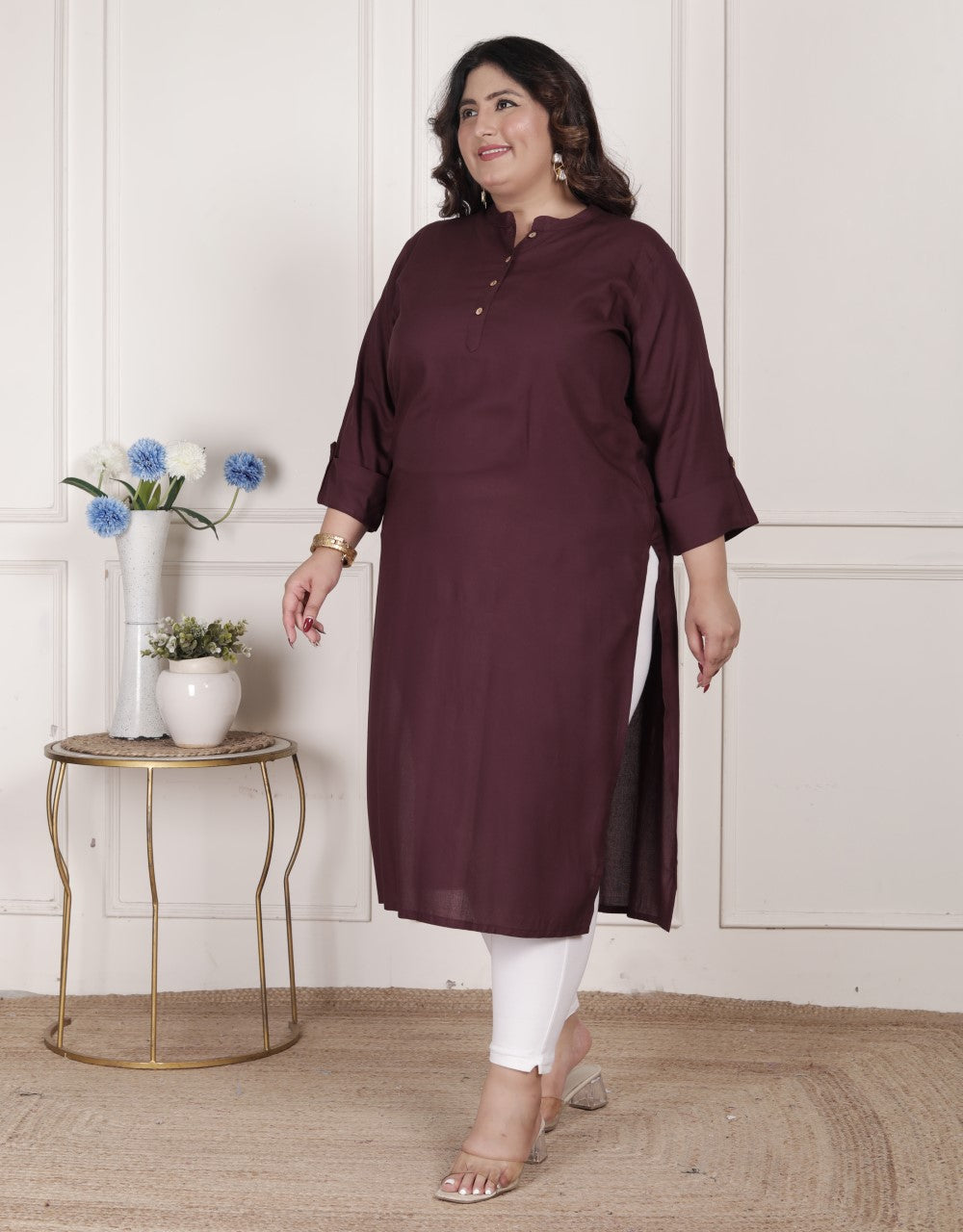 Plus Size Purple Cotton Blend Straight Kurta-100234