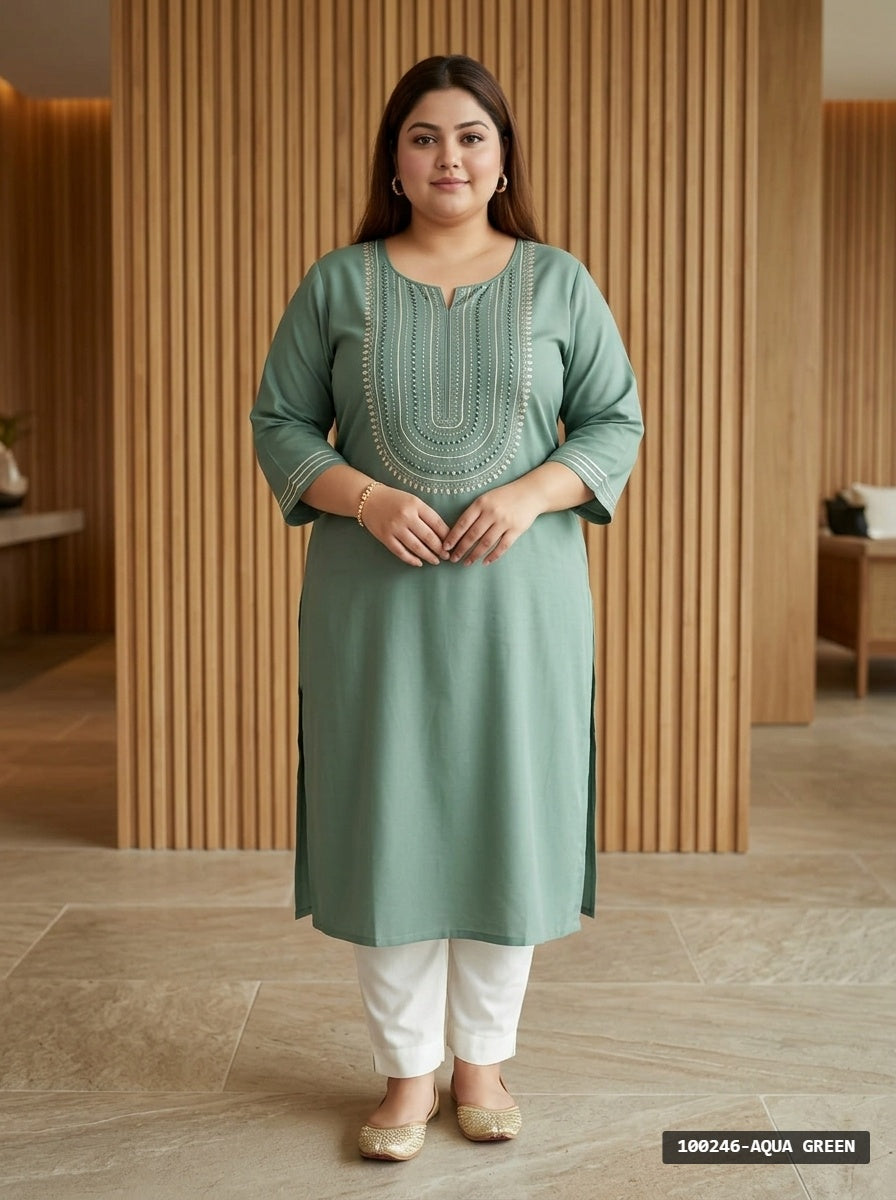 Plus Size Aqua Green Rayon Embroidered Straight Kurta-100246