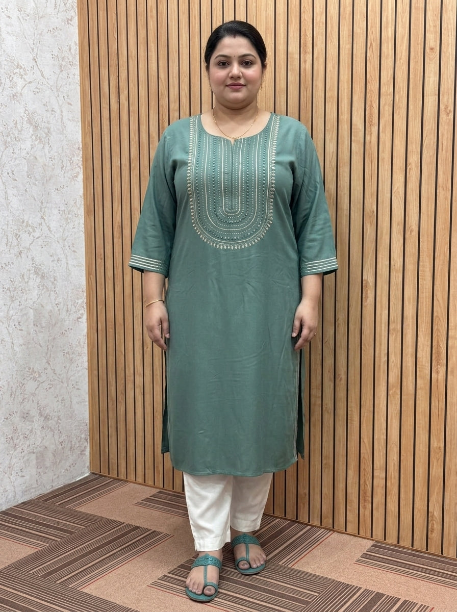 Plus Size Aqua Green Rayon Embroidered Straight Kurta-100246