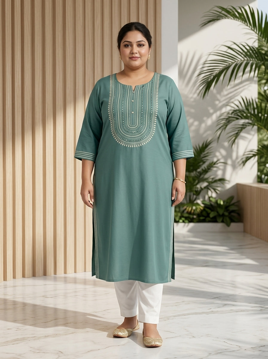 Plus Size Aqua Green Rayon Embroidered Straight Kurta-100246 Main image
