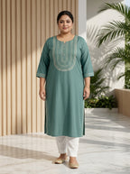 Plus Size Aqua Green Rayon Embroidered Straight Kurta-100246