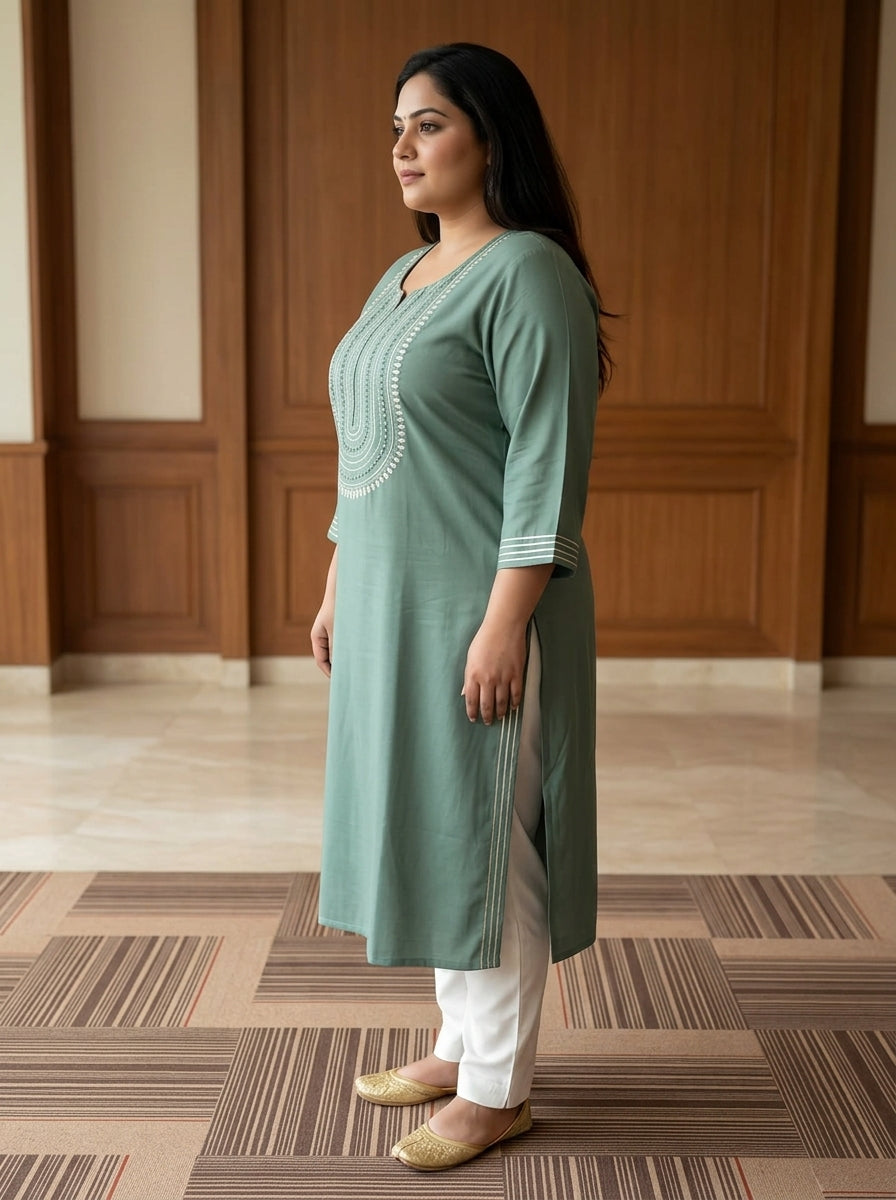 Plus Size Aqua Green Rayon Embroidered Straight Kurta-100246