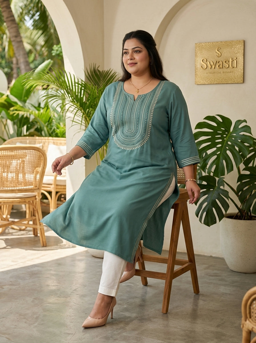 Plus Size Aqua Green Rayon Embroidered Straight Kurta-100246