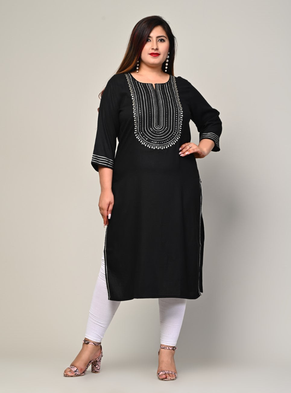 Plus Size Black Cotton Blend Embroidered Straight Kurta-246