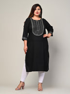 Plus Size Black Cotton Blend Embroidered Straight Kurta-246