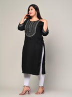 Plus Size Black Cotton Blend Embroidered Straight Kurta-246