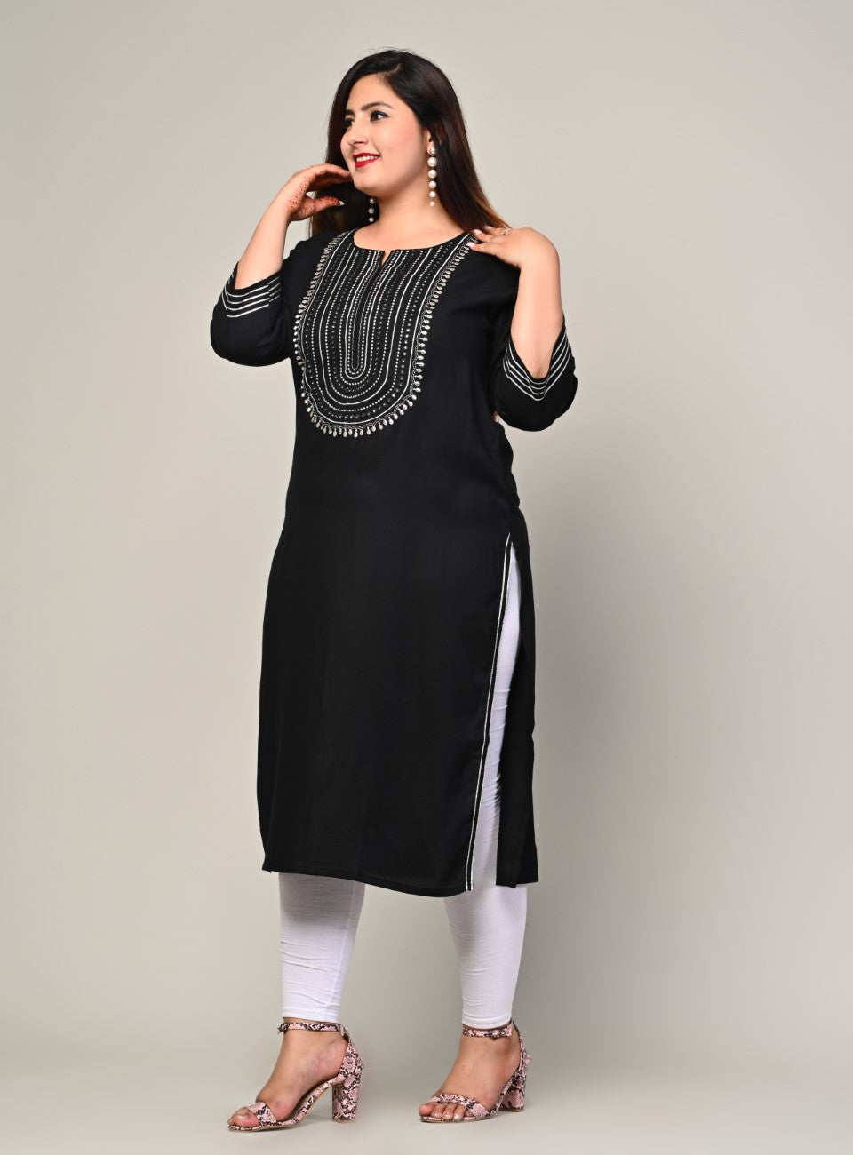 Plus Size Black Cotton Blend Embroidered Straight Kurta-246
