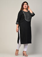 Plus Size Black Cotton Blend Embroidered Straight Kurta-246