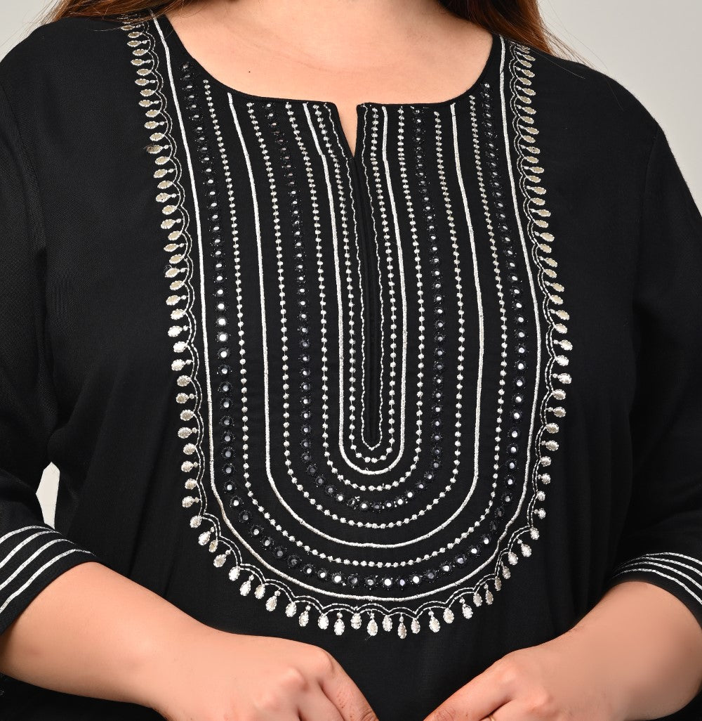 Plus Size Black Cotton Blend Embroidered Straight Kurta-246