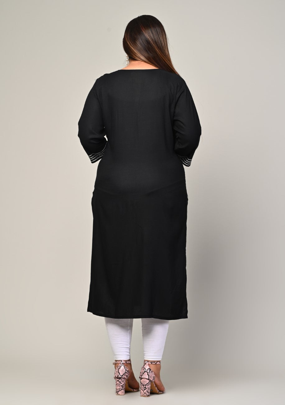 Plus Size Black Cotton Blend Embroidered Straight Kurta-246