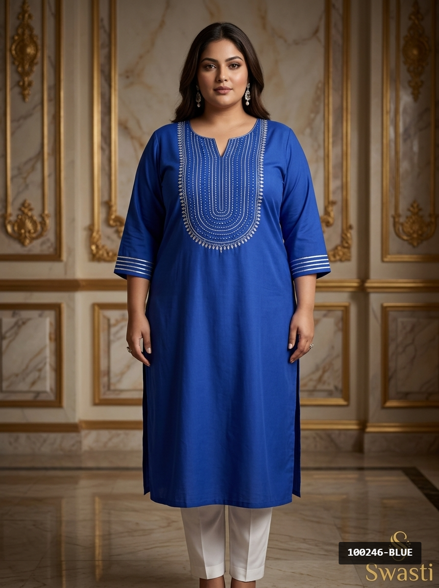Plus Size Navy Blue Rayon Embroidered Straight Kurta-100246