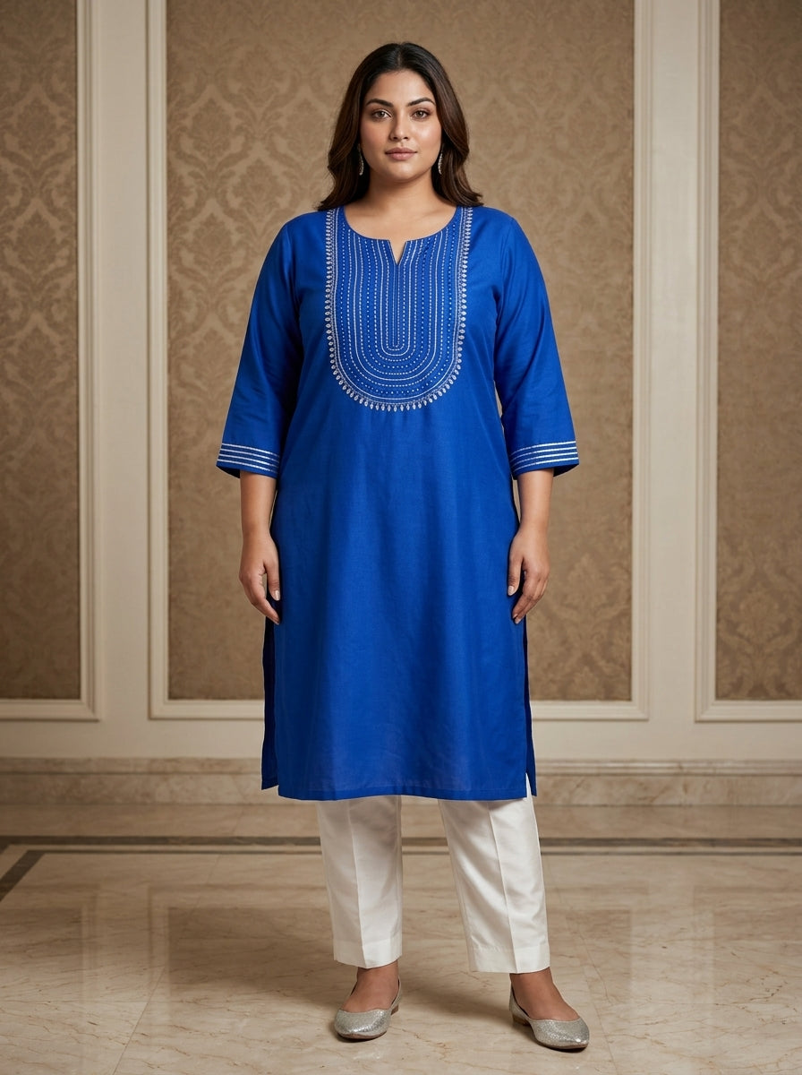 Plus Size Navy Blue Rayon Embroidered Straight Kurta-100246