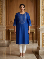 Plus Size Navy Blue Rayon Embroidered Straight Kurta-100246