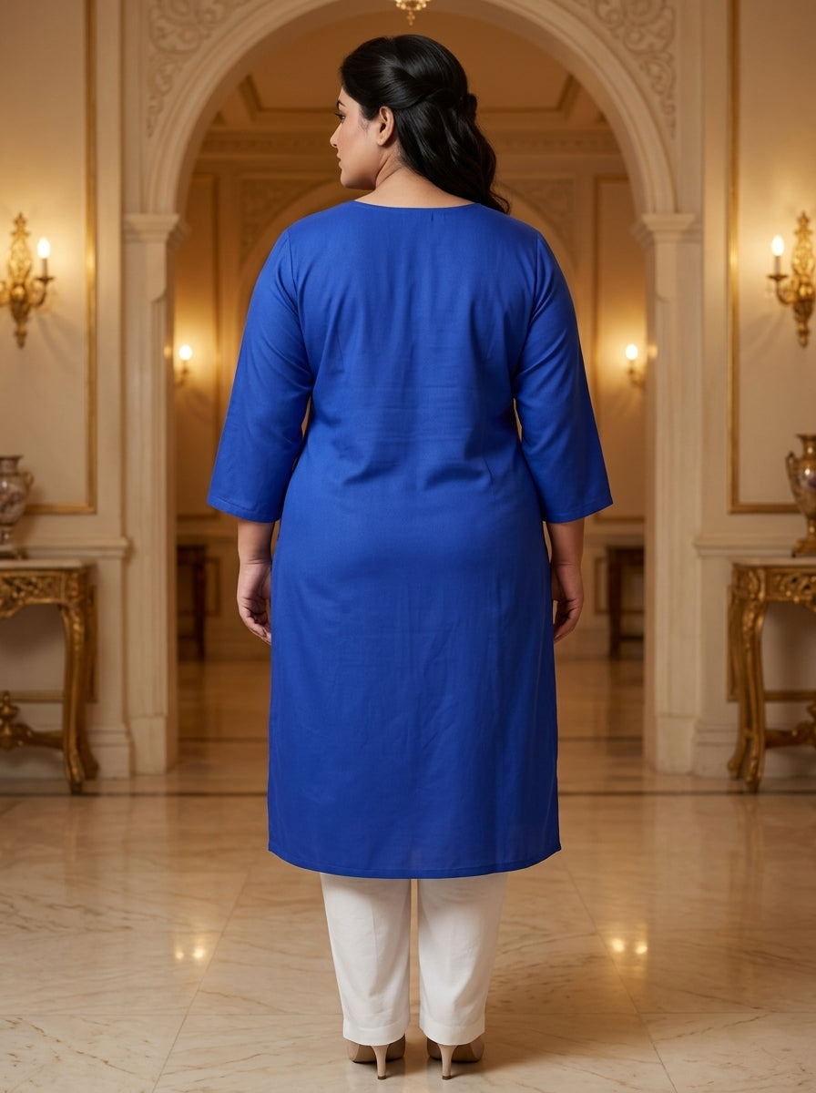 Plus Size Navy Blue Rayon Embroidered Straight Kurta-100246