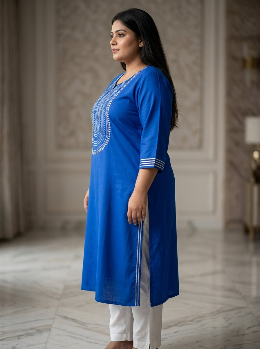 Plus Size Navy Blue Rayon Embroidered Straight Kurta-100246