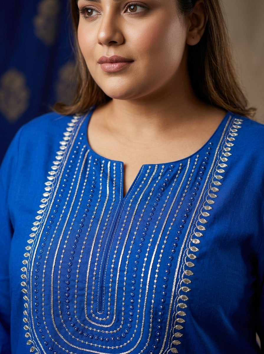 Plus Size Navy Blue Rayon Embroidered Straight Kurta-100246