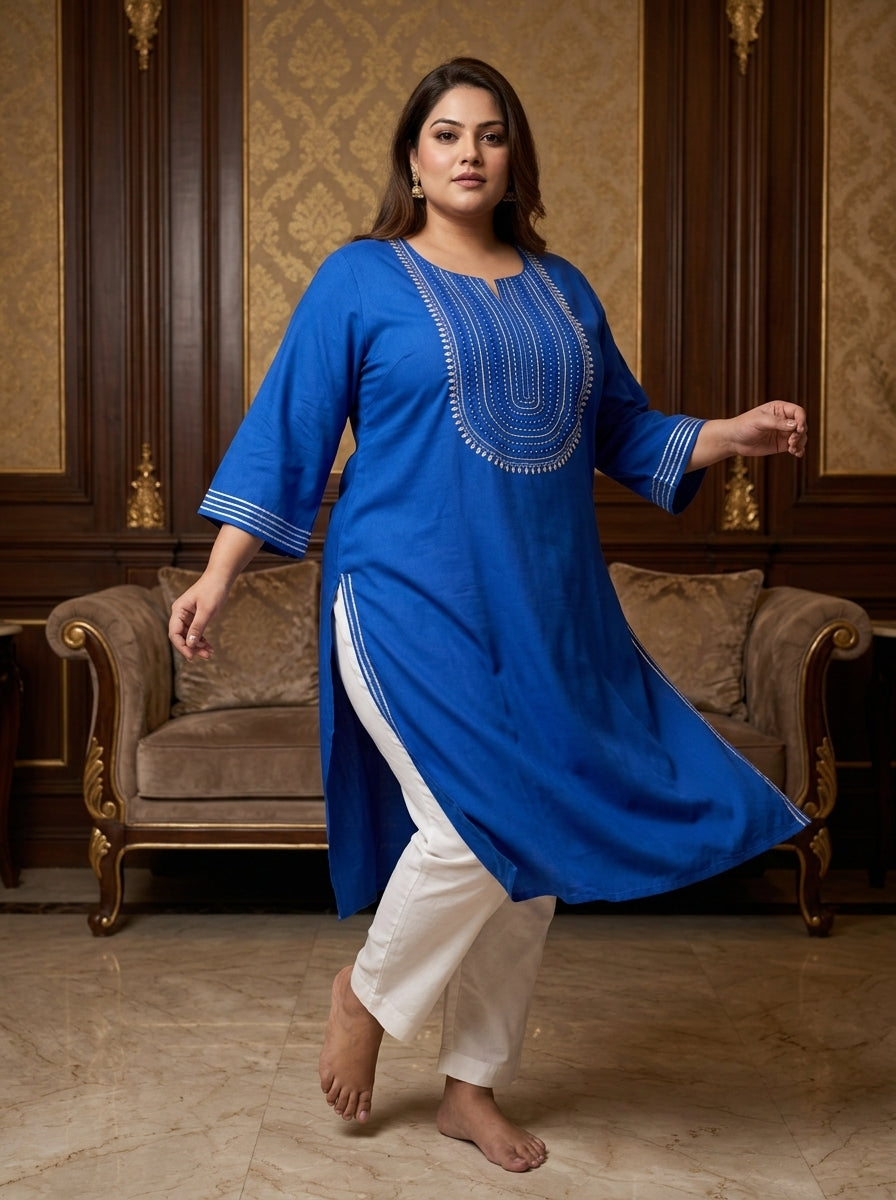 Plus Size Navy Blue Rayon Embroidered Straight Kurta-100246 Secondary image